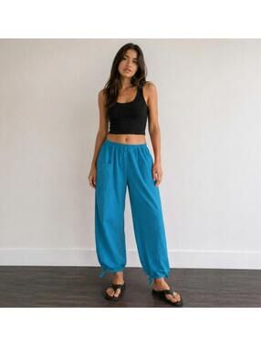B'Gauze Blue Cotton Gauze Harem Pants L/XL NWT Boho Ankle Tie Pocket